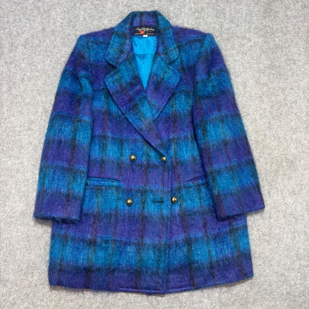 Vintage George David Fashions Mohair Plaid Coat Blue Purple Double Breasted 8